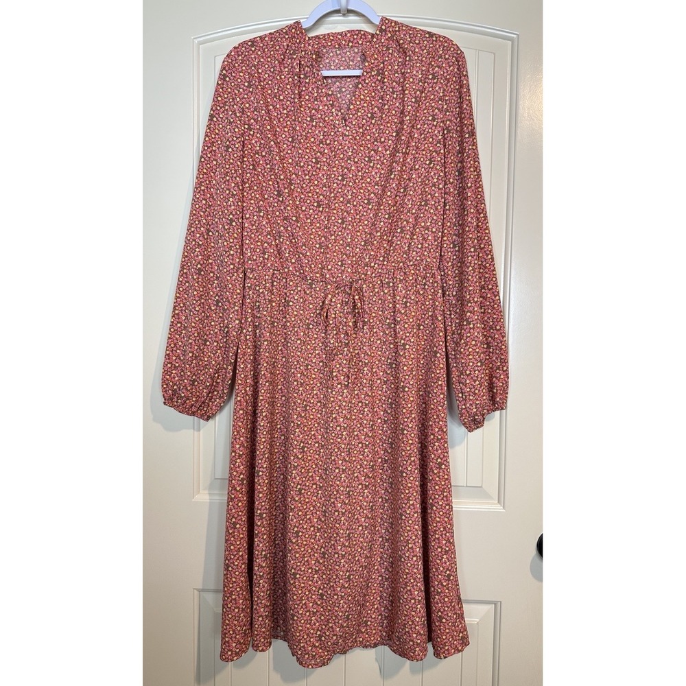 bright ditsy floral V-Neck Midi Tie elastic waist long sleeve dress XL prairie